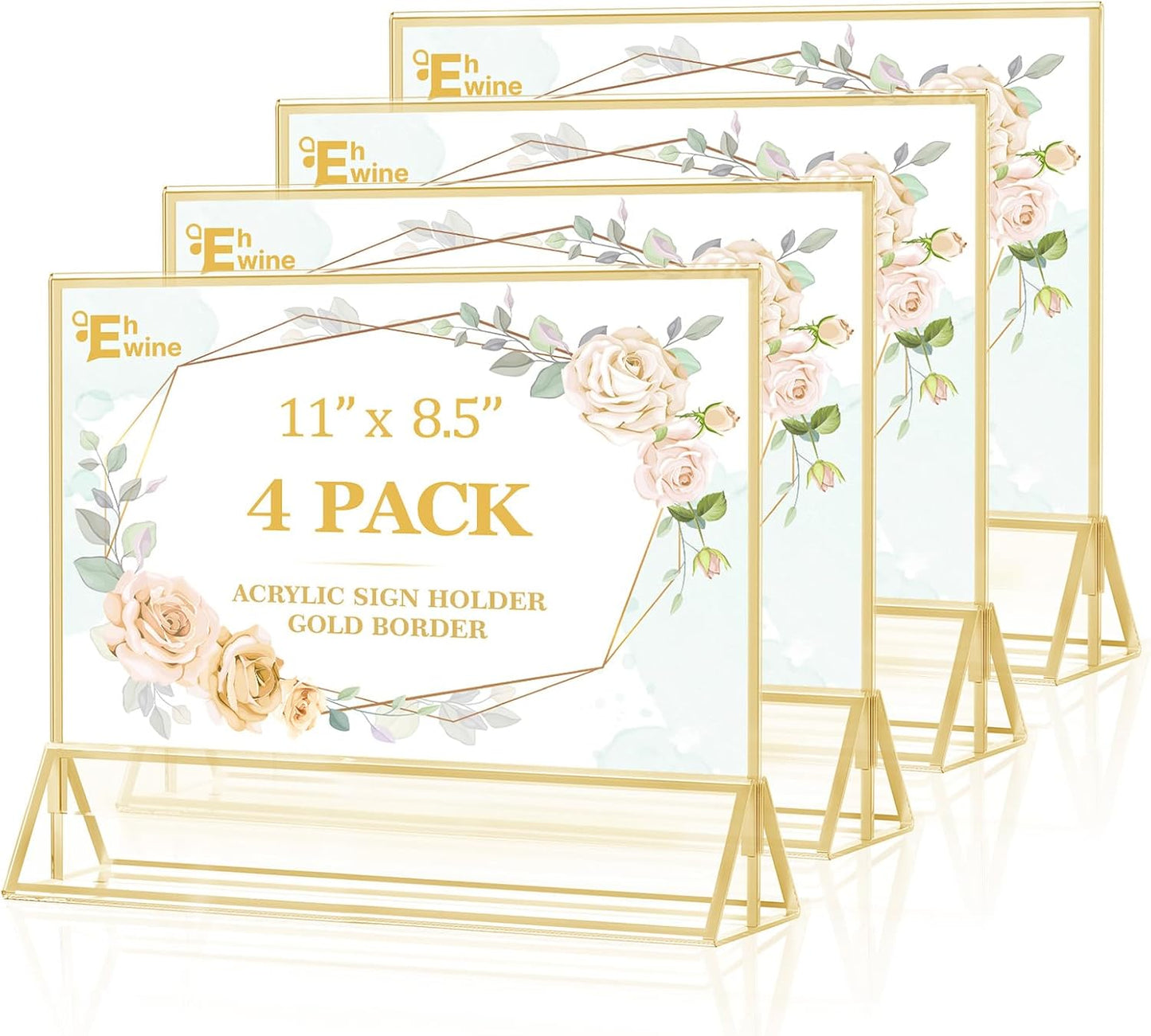 EHWINE 4 Pack Acrylic Sign Holder 8.5 x 11 Horizontal, Double-Sided Stand up Table Top Sign Holders, Gold Acrylic Picture Frame Menu Flyer Paper Holder Display Stand for Office Business Store Wedding Party