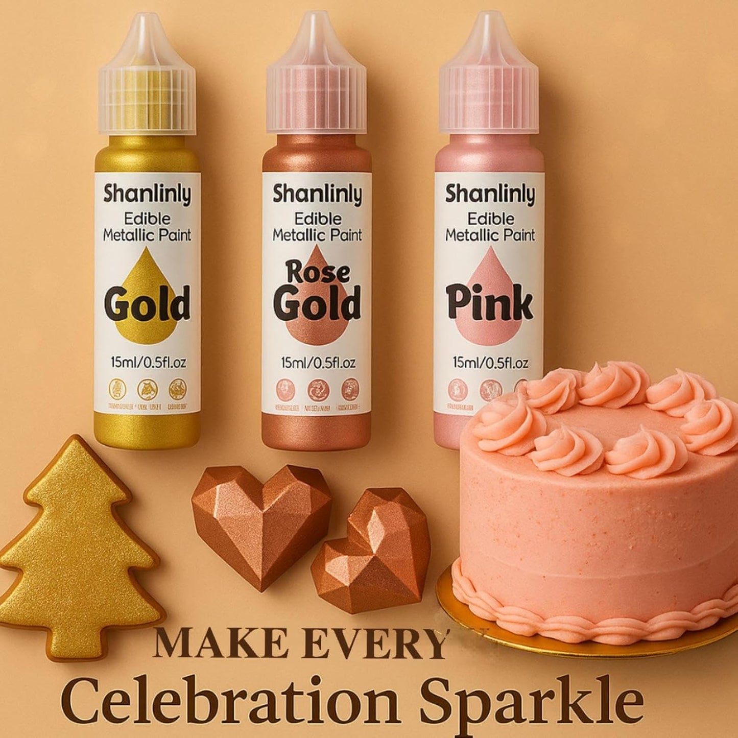 Pink Metallic Edible Paint for Baking – Food Grade Pink Edible Dust Drink Glitter for Shimmer Cake Decorating, Cookies, Cupcakes, Cocktails – 15ml Perfect for Holidays, Wedding, Birthday Decorating