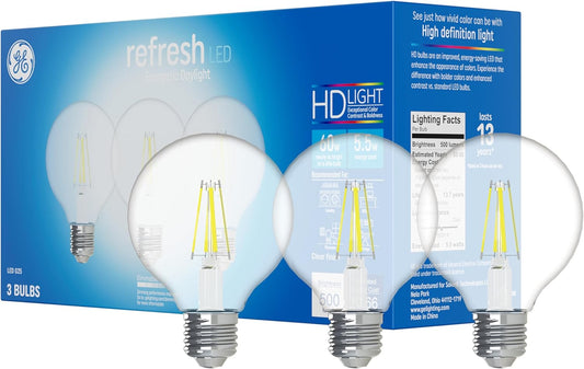 GE Refresh LED Light Bulbs, 60 Watt, Daylight, G25 Globe Bulbs, Clear, Medium Base 3 Count, (6 Pack)
