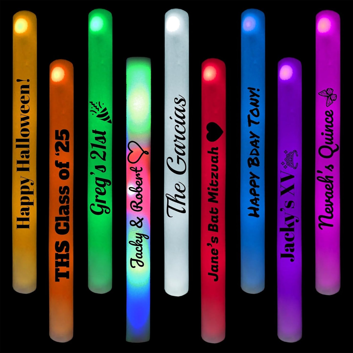 Pack of 12 Custom LED Party Foam Light Sticks Batons for Quinceaneras, Sweet 16, Bat Mitzvah, Parties, Birthdays, Guests, Party, Promotions 3 Color Lighting Modes Batteries 16"