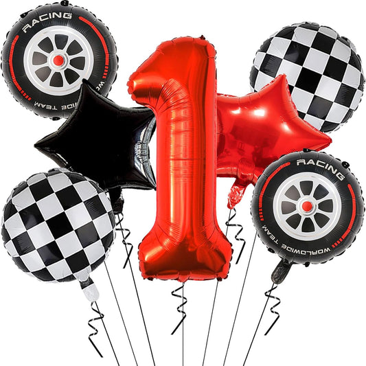 Race Car Birthday Party Decorations - 40 Inch Mylar Red Number 1 Balloons - Black Foil Checkered Race Car Balloons for 1st Birthday Race Cars Themed Party Decorations