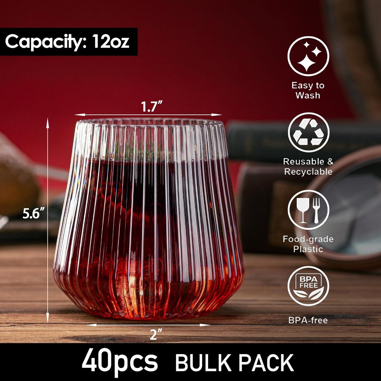 40 Pcs Disposable Stemless Wine Glasses, 12OZ Plastic Wine Cups, Origami Style Unbreakable Drinking Glasses, Bulk pack Acrylic Whiskey Cocktail Glasses, Shatterproof martini glasses