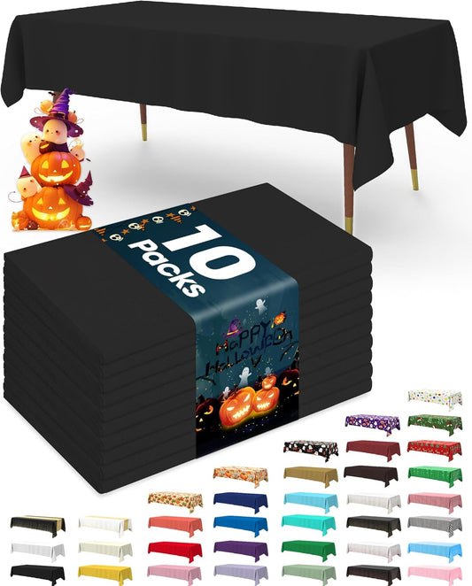 Pureegg Plastic Table Cloth Disposable 10 Pack, 54 x 72 Inch Table Cloths, Halloween Party Decorations, Summerween Decor, Halloween Tablecloths, Rectangle, Plastic Cover, Leakproof & Sturdy, Black