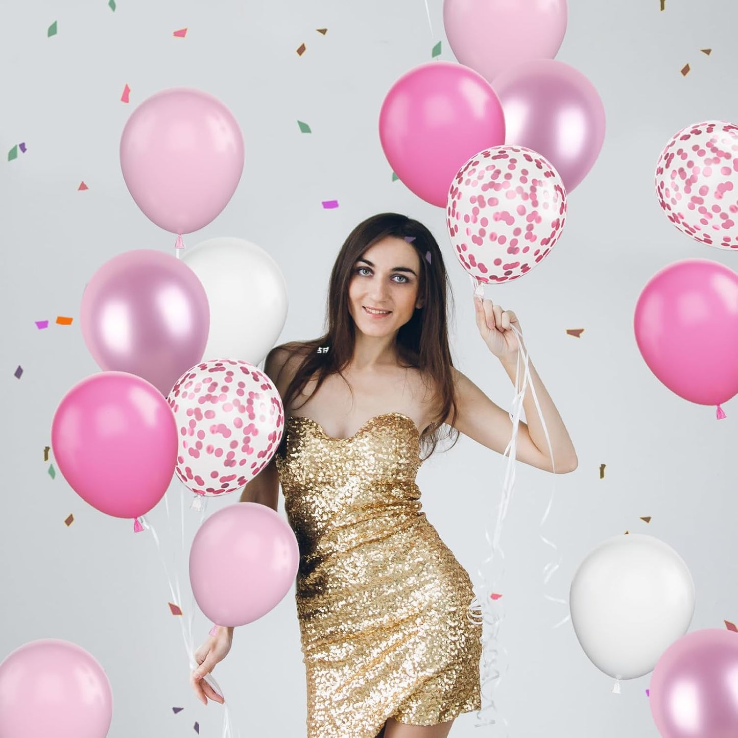 FunHot Funhot Pink Balloons, 60Pcs Pastel Pink Pearl White Latex Balloons, 12 Inch Metallic Pink Confetti Balloons Helium for Girls Princess Birthday Baby Shower Wedding Party Decorations