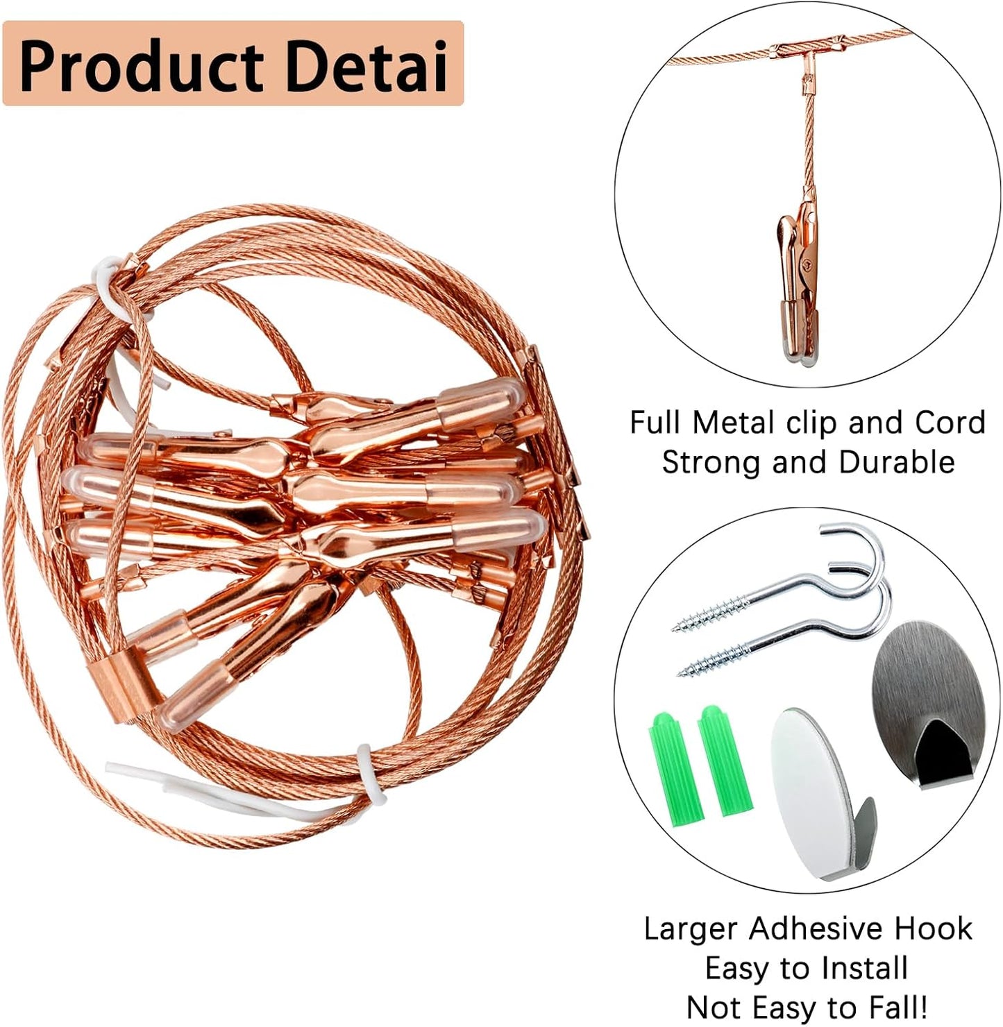 2 Pack Chain Photo Clip Hanging Photo Display Wall Photo Display Metal Photo String with 12 Clips Wall-Mounted Picture Holder for Hanging Painting Family Photos Artworks (Rose Gold Color)