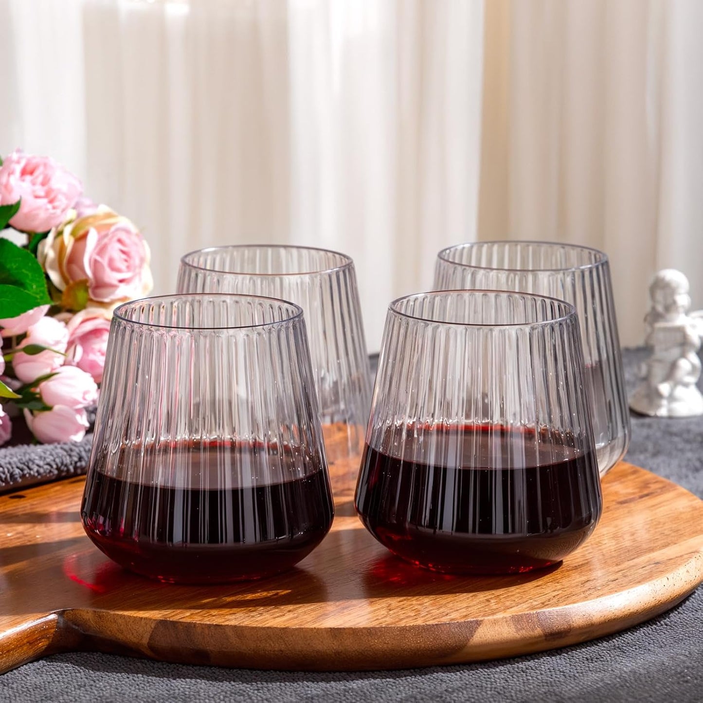 30 Pack Plastic Ribbed Wine Glasses, 14 OZ Origami Stemless Disposable Wine Champagne Whiskey Glasses Unbreakable Clear Plastic Cocktail Glasses, Reusable Wine Cups for Home Party Wedding Bar