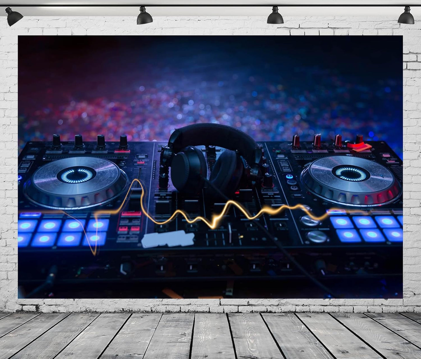 CORFOTO 15x10ft Fabric Dj Mixer with Headphones Backdrop Photography Dj Sound Equipment in Dark Background Musical Dance Disco Party Decorations Live Concert Stage Photoshoot Booth Studio Props