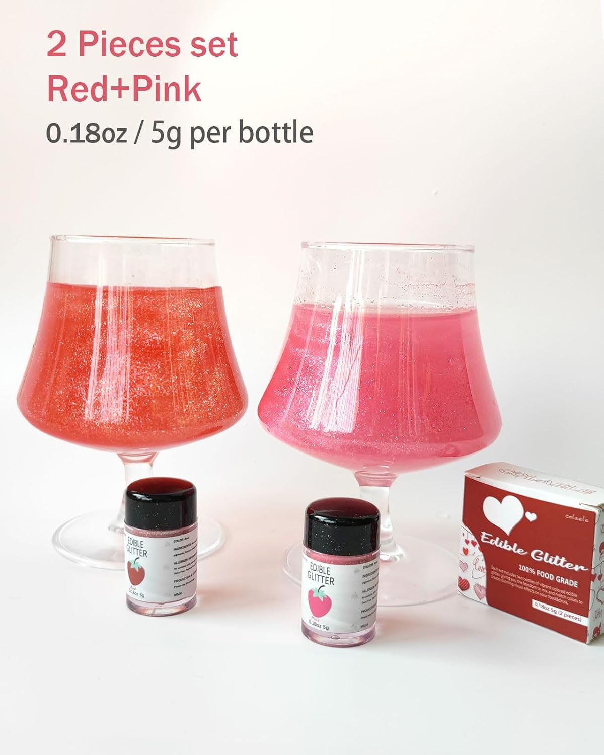 Red Pink Edible Glitter Glimmer Powder for Cakes Drinks - Valentine's Colaele 5 grams Food Grade Luster Dust Metallic Food Decorating Sprinkle Disco Brew Dust for Cake Chocolate Decorations,Vegan