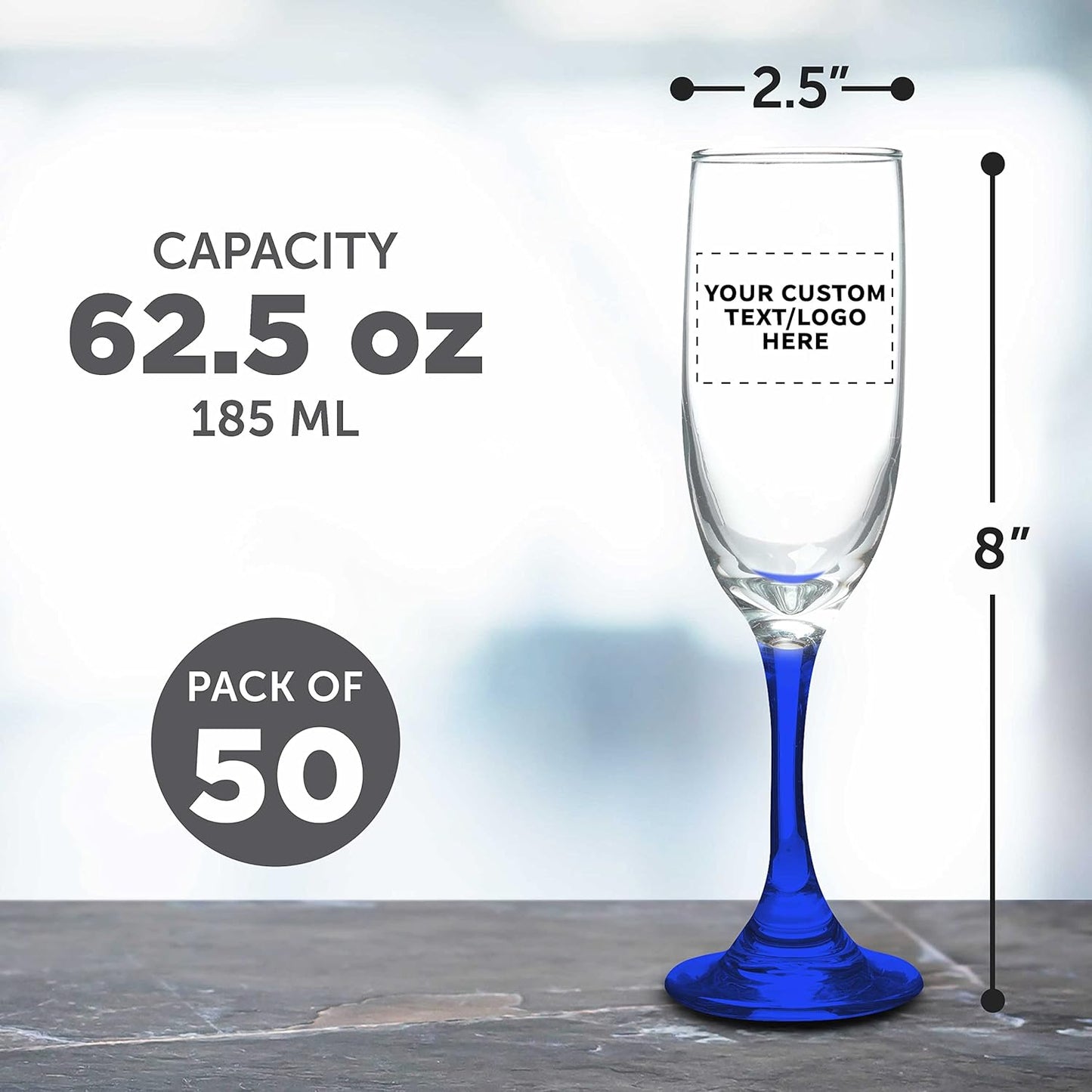 DISCOUNT PROMOS Custom Premiere Champagne Flutes 6.25 oz. Set of 50, Personalized Bulk Pack - Elegant Drinkware for Weddings, Events, & Promotional Gifts - Blue