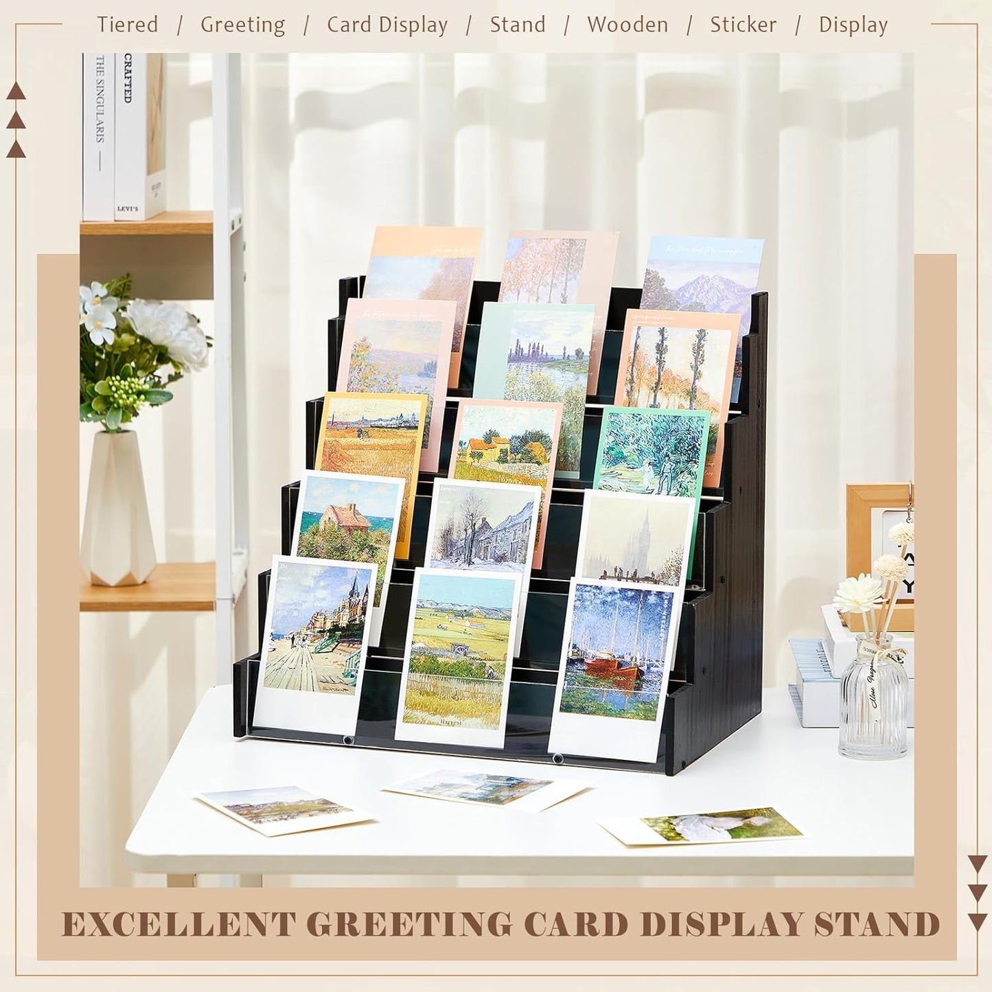 5 Tier Greeting Card Display Stand Black Bamboo and Acrylic Sticker Display Stand Trading Card Holder Retail Photos Shelf for Vendors Craft Collection & Show