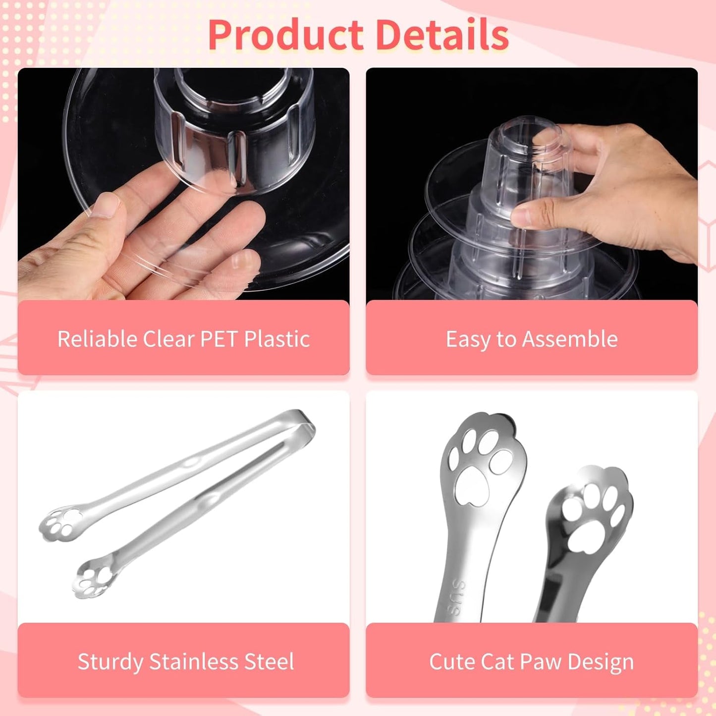 10-Tier Clear Macaron Display Stand, Plastic Macaron Tray Tower with Stainless Steel Serving Tongs, Clear Round Macaron Display Rack, Cupcake Dessert Stand for Weddings, Birthday Parties, Bakeries