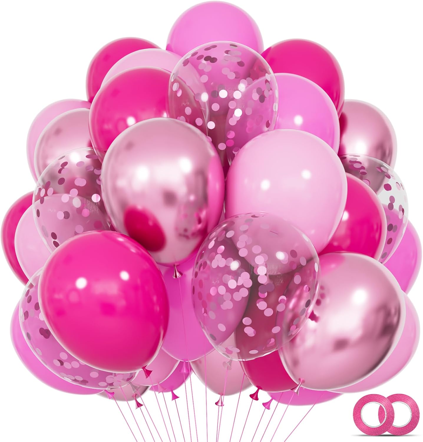 68Pcs Pink Balloons Kit 12 Inch Metallic Pink Balloon, Pink Confetti Balloon and Baby Pink Party Balloons with Ribbons for Birthday, Wedding, Baby Shower, Graduation Decorations.