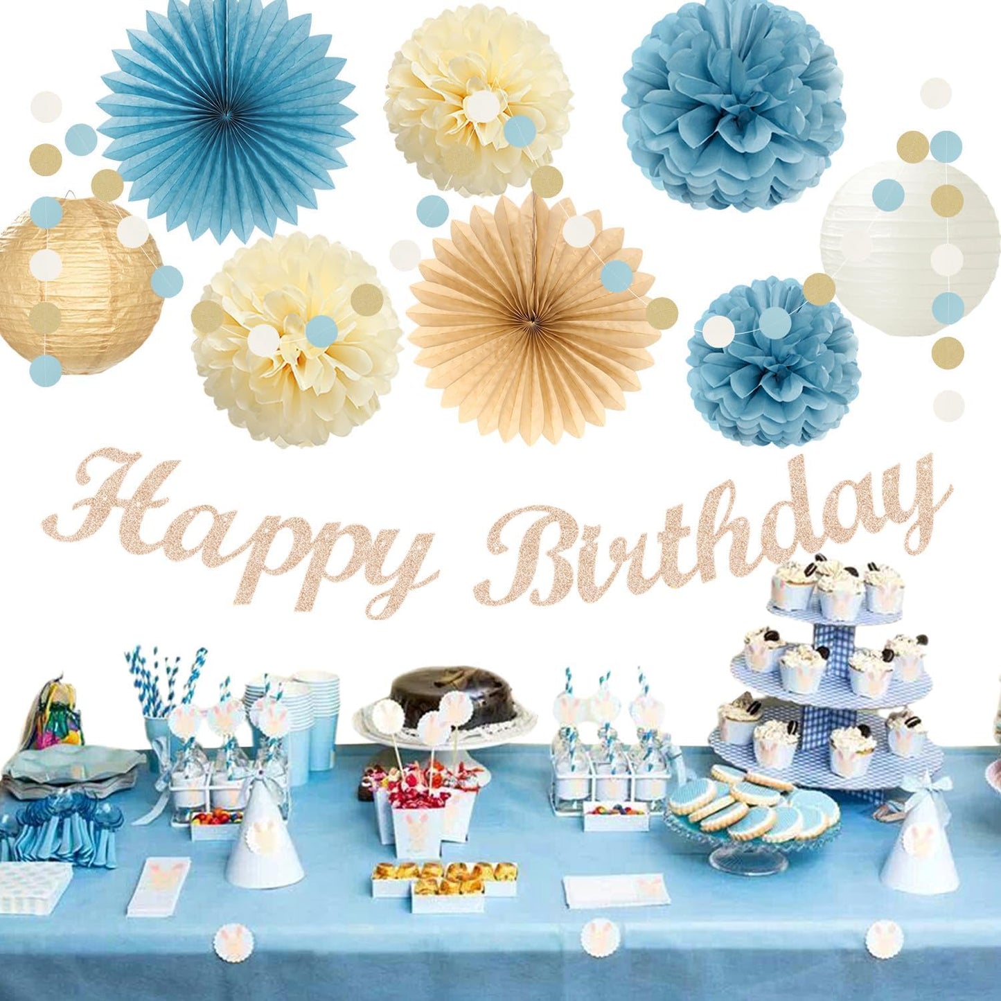 Light-Dusty Blue 18th Happy-Birthday Party-Decorations - 31pcs Women Girls Paper Lanterns Streamers Banner,Tissue Pom Poms Fans Tassels Graland Decor,Beige Champagne Wall Backdrop Supplies Hugmoon