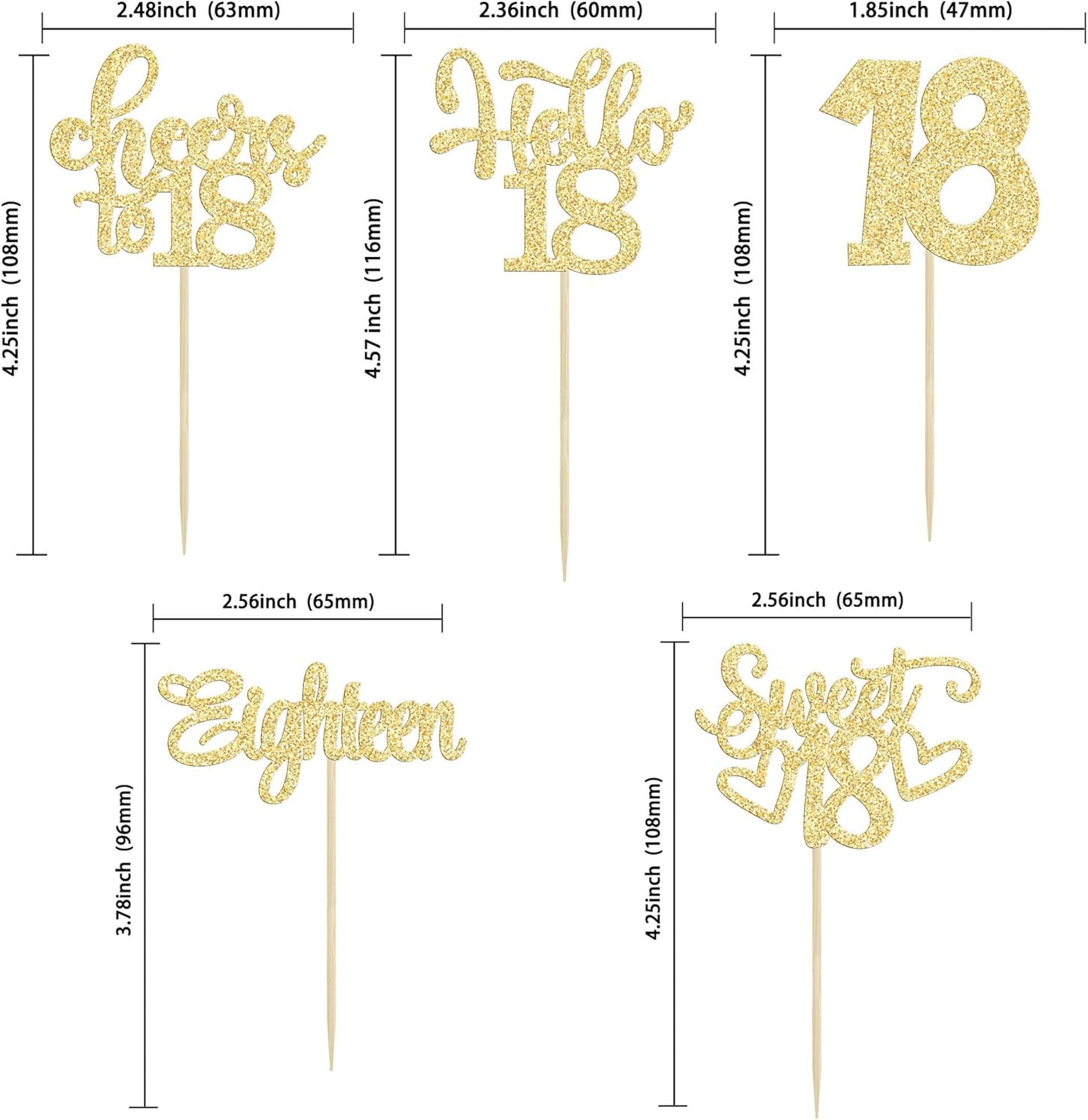 30Pcs18th Birthday Cupcake Toppers Eighteen Happy 18th Cupcake Picks Sweet 18 Cheers to 18 Cake Decorations for 18th Birthday Anniversary Party Supplies Gold Glitter