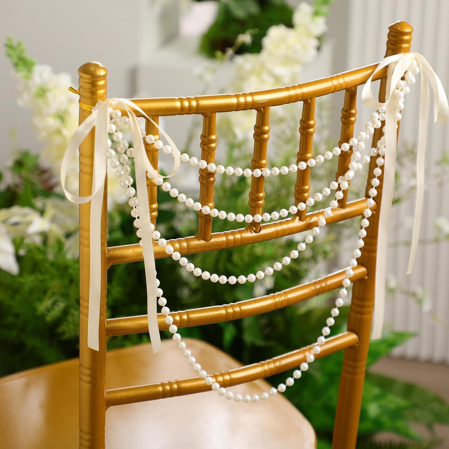 16 Pcs Wedding Pearl Bow Chair Decor Satin Ribbon Bows with Pearl Beaded String Garland Aisle Chair Sashes Decorations for Ceremony Coquette Party Banquet Decor (Ivory)