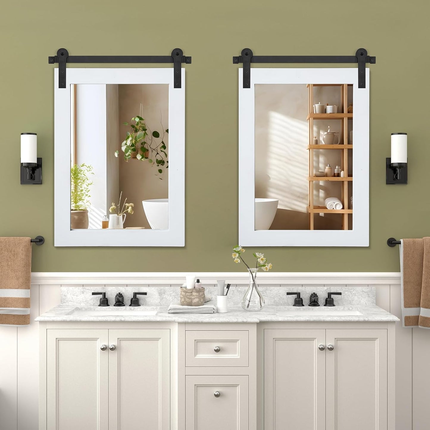 COGOOD Farmhouse Barn Door Mirror - 25 x 38 Rustic Bathroom Mirror for Living Room, Entryway, Vanity Wall Decor (Pure White)