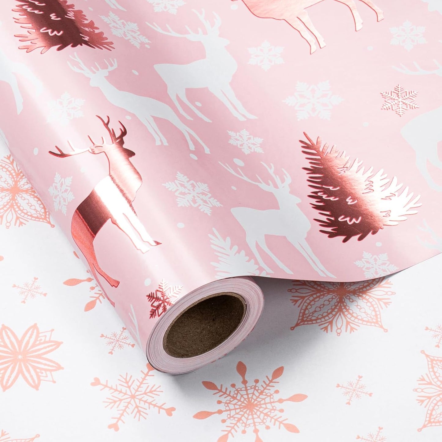 LeZakaa Christmas Pink Wrapping Paper Jumbo Roll, Reindeer & Snowflake, Metallic Foil, Rose Gold Foil Reversible Design for Festive Winter Holiday, Family Gathering, 30 inches x 32.8 Feet