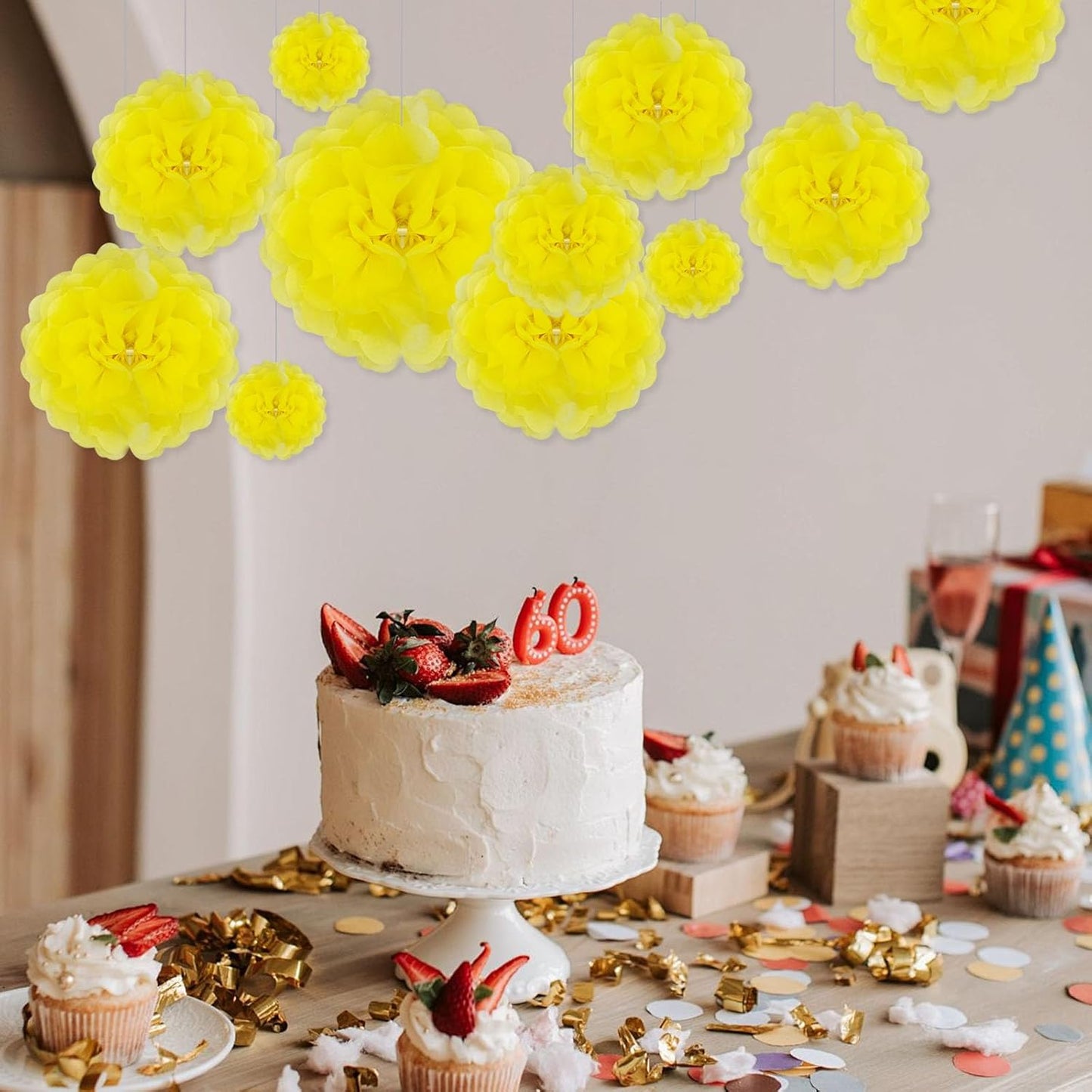 Tissue Paper Pom Poms, Light Yellow Tissue Paper Flowers, Hanging Flower Balls for Weddings Fiesta Parties Birthday Baby Showers Classroom Bridal Shower Decoration (20Piece Set-6/10/12/14Inch)
