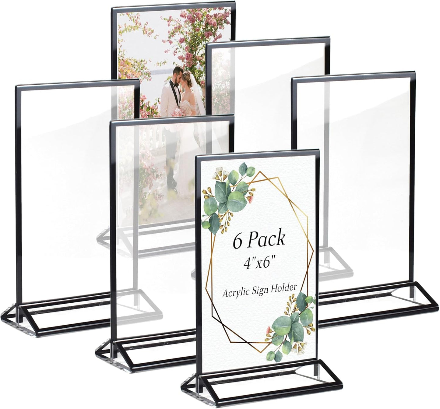 4x6 Picture Frames Acrylic Sign Holder 6 Pack Menu Stands, Double-sided Picture Stands for Wedding Table Numbers Holders, Table Top Display Wedding Sign Stand Vertical Flyer Holder, Black