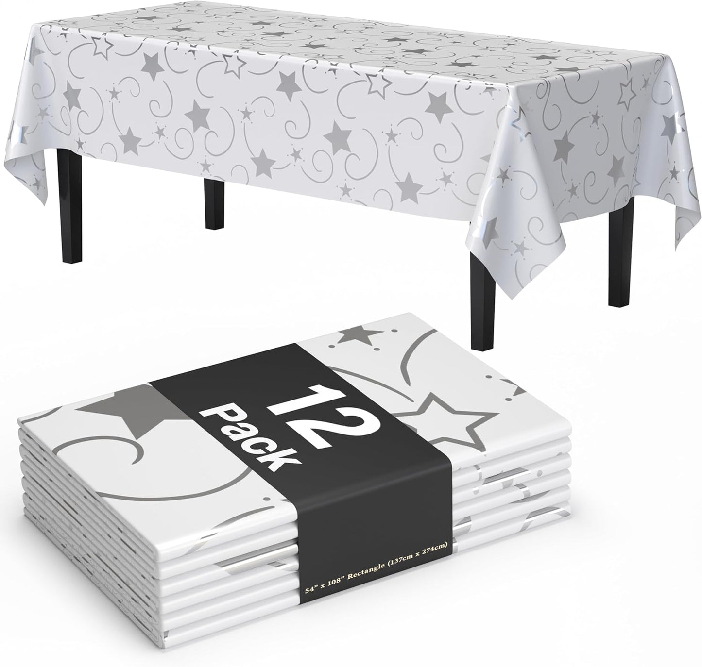 Exquisite Silver Star Tablecloth Plastic 12-Pack Disposable Rectangle Tablecloths 54" x 108" Silver Star Table Cloths Rectangle Table Covers Plastic Tablecloth for Party Decorations