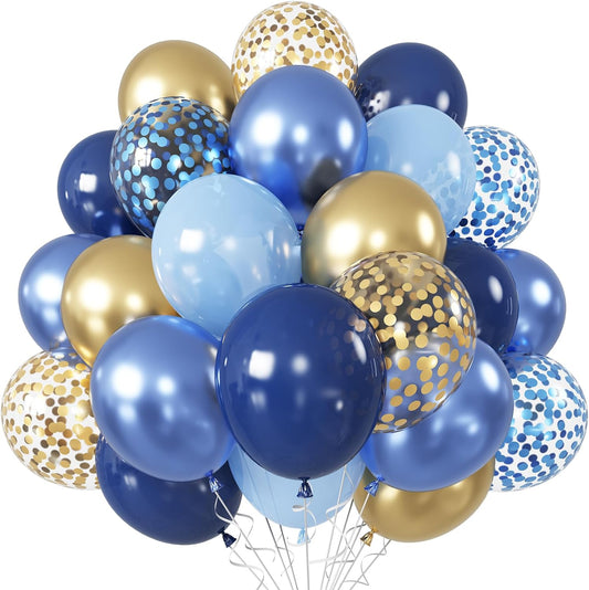 Blue and Gold Balloons, 60Pcs 12Inch Navy Pearl Party Balloons With Metallic Helium Balloon Confetti Latex Set for Boys Birthday Baby Shower Christening Decorations