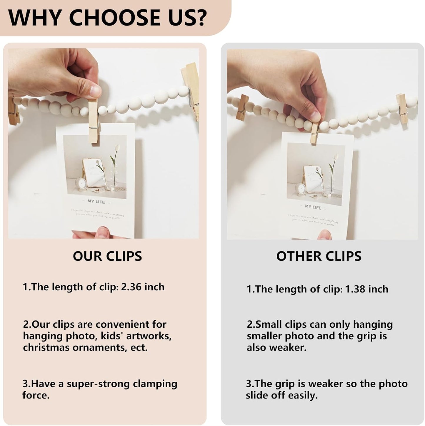 Hanging Photo Display Wall Decor, 3PCS Boho Wooden Bead Garland Collage Picture Frame with 9 Wood Clips for Bedroom, Living Room, Office, Dorm Decor, Photos Holder Teen Girl Gifts