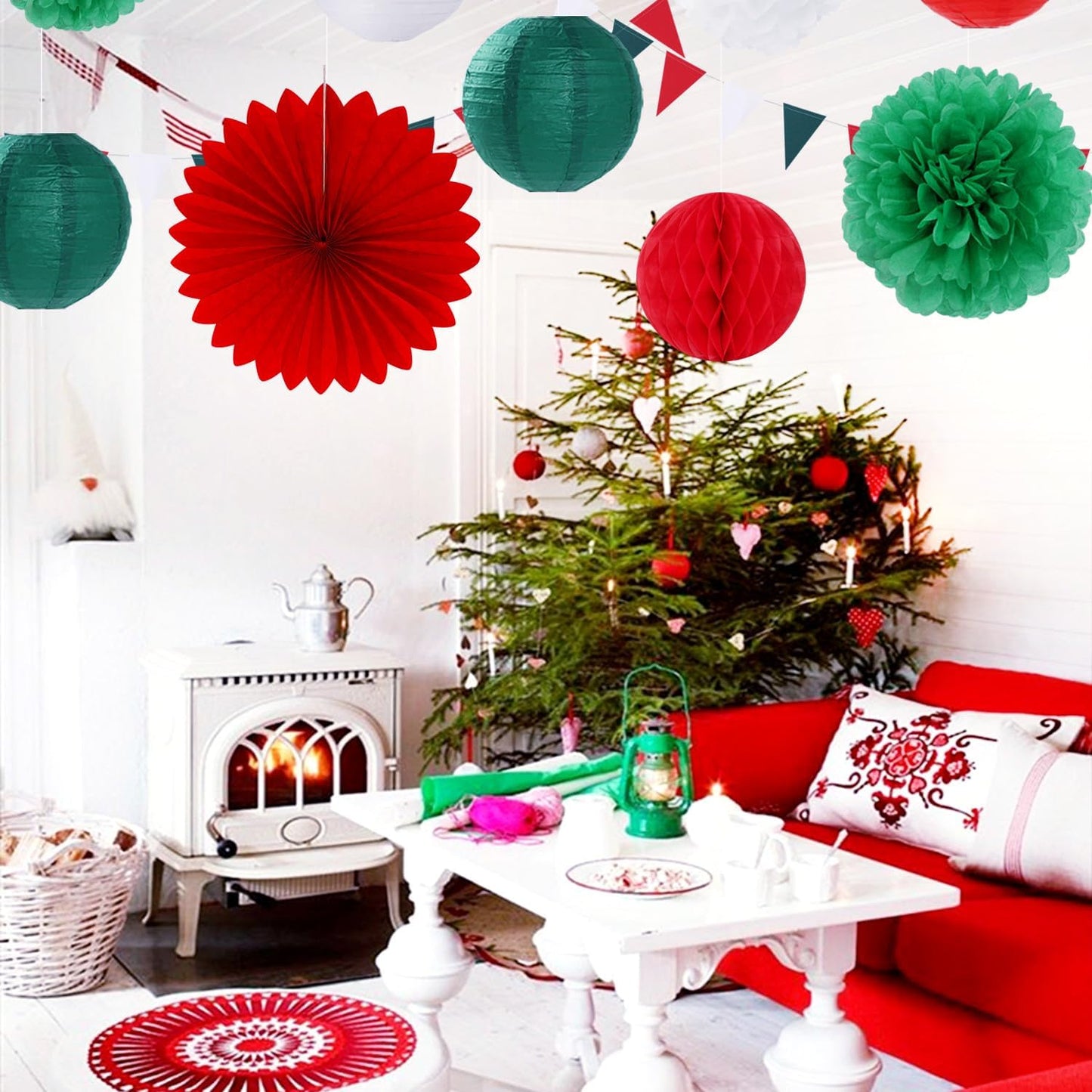 Red Green-White Christmas Party Decorations - 20pcs Mexican Italian Paper Lanterns Fans,Tissue Pom Poms,Honeycomb Balls,Bunting,Birthday Mexico Italy Baby Shower Wedding Decor Burgleda