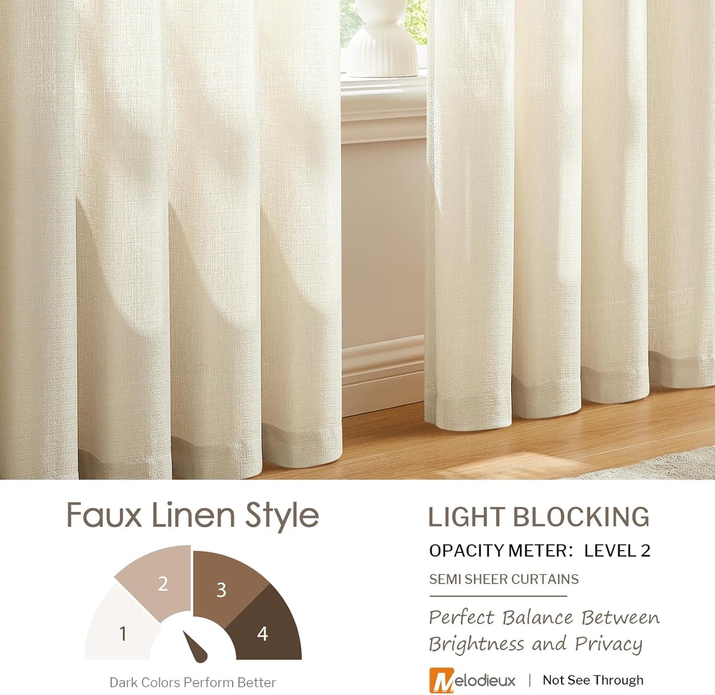 Melodieux Beige Semi Sheer Curtains 63 Inch Length for Bedroom Living Room, Farmhouse Linen Texture Light Filtering Home Office Shiny Sheer Drapes Rod Pocket, 52" W x 63" L, 2 Panels