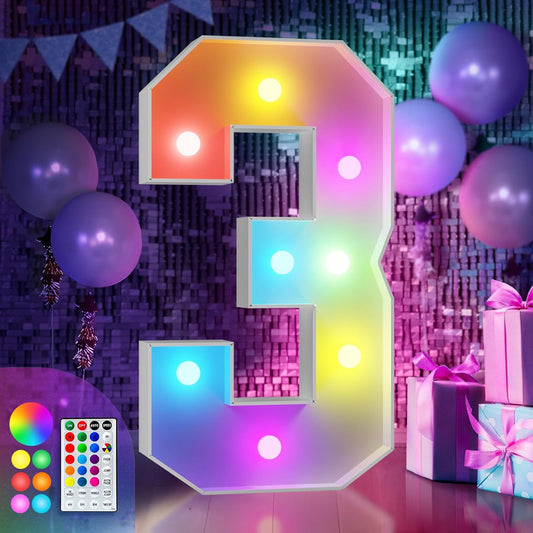 imprsv 3FT Colorful Marquee Numbers,18 Colors Number 3 with Remote, Light Up Numbers Sign for 3rd Birthday Decorations Anniversary Party Decor, Pre-Cut Foam Board Kit, Mosaic Sign for Balloon