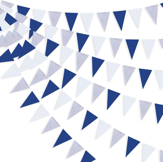 30 Ft Navy Blue White and Silver Party Decorations Royal Blue Triangle Flag Pennant Banner Bunting for Graduation Birthday Wedding Bridal Shower Nautical Ahoy Achor Theme Party Decorations Supplies