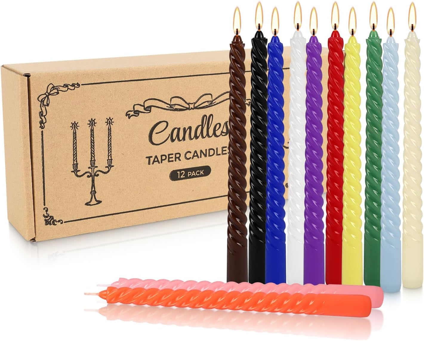 12-Pack 12-Color Spiral Taper Candles - 10 Inch Dripless & Long-Lasting Burn, Decorative Twisted Candles for Wedding, Birthday, Christmas, Home Decor, Party Supplies (Premium Wax, Unscented)