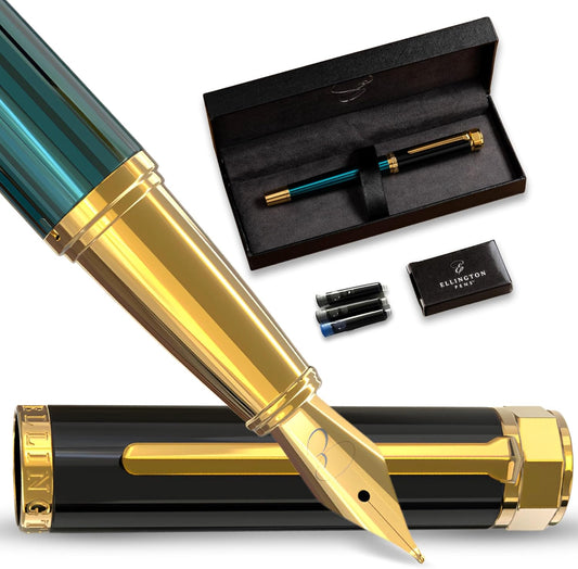 Ellington Pens Luxury Fountain Pen Set- Fountain Pens for Writing - Smooth Medium Nib - Includes Refillable Ink Converter, 3 Ink Cartridges [Black & Blue], Gift Box - Elegant Calligraphy
