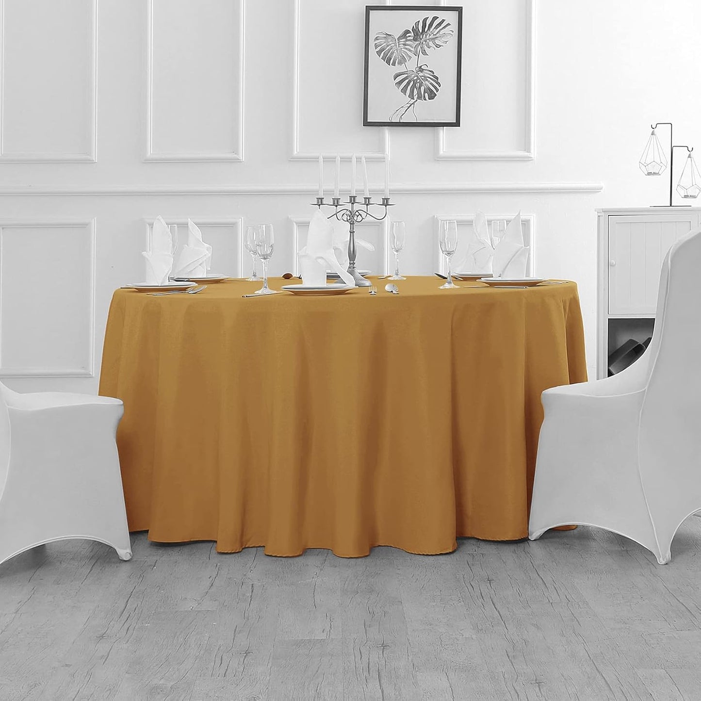 Fokitut 2 Pack Waterproof Round Tablecloth, 132 Inch, Stain Resistant and Wrinkle Polyester Table Cloth, Fabric Table Cover for Kitchen Dining, Wedding, Party, Holiday Dinner-Gold