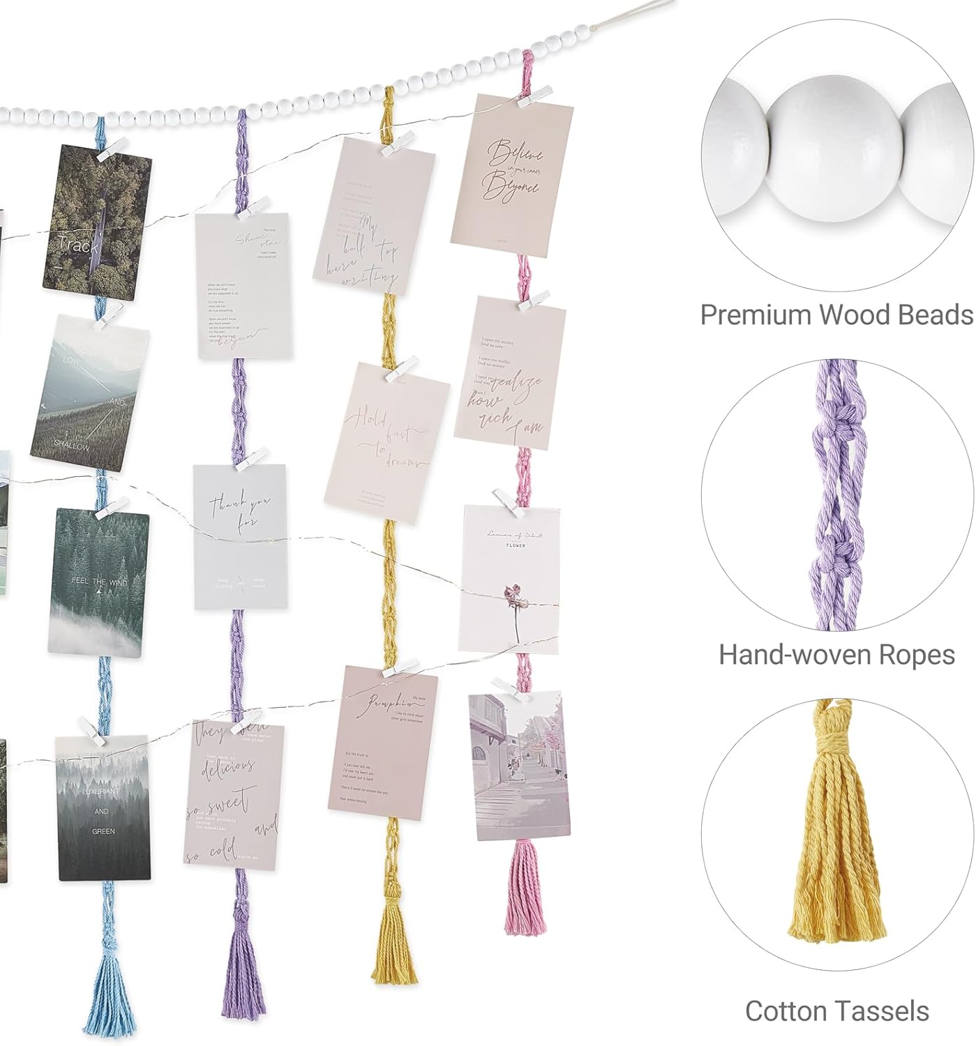 Mkono Macrame Hanging Photo Display Wall Decor with String Lights, Boho Wooden Beads Garland Collage Picture Card Frame Holder with 45 Clips for Bedroom Living Room Dorm, Teen Girls Christmas Gifts