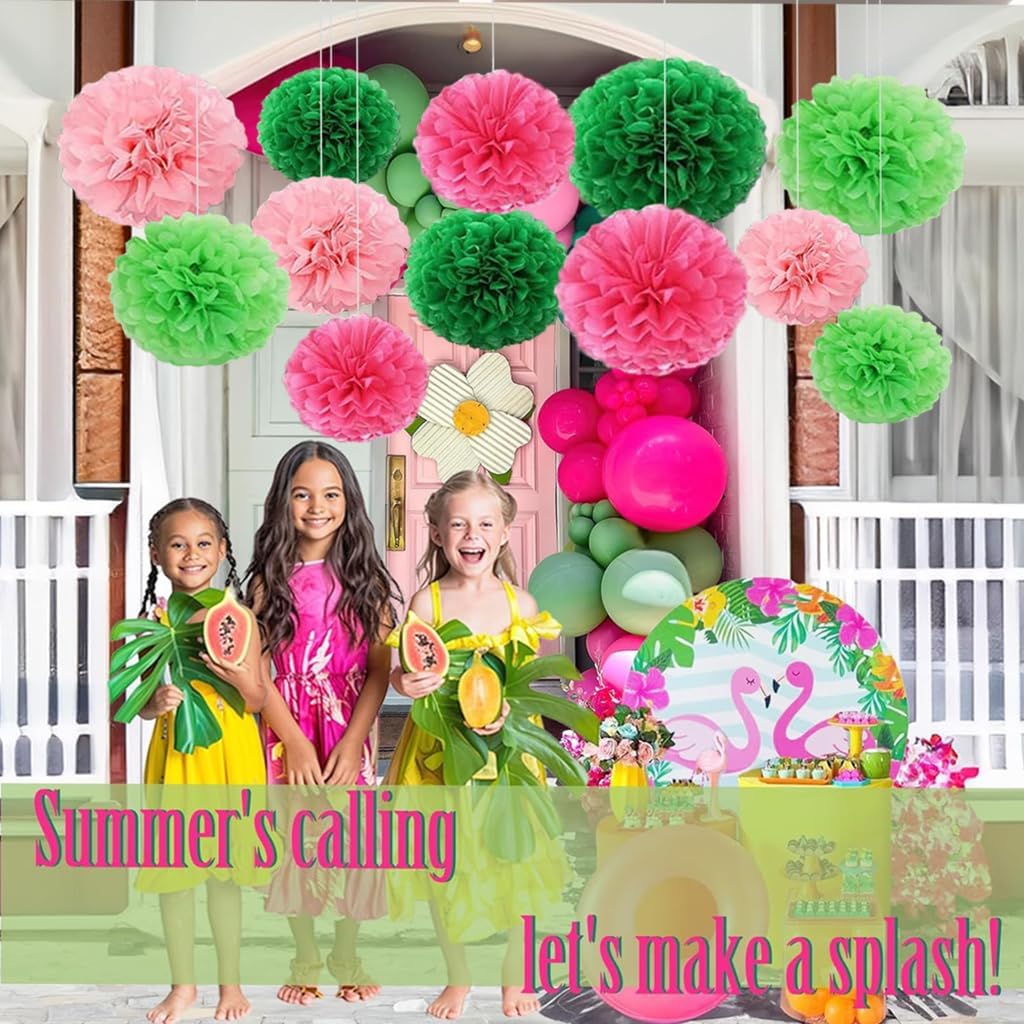Capesaro Pink and Green 12PCS Paper Pom Poms Party Decorations for Girl Birthday Party Summer Decoration, Hanging Paper Decor Tissue Paper Flowers