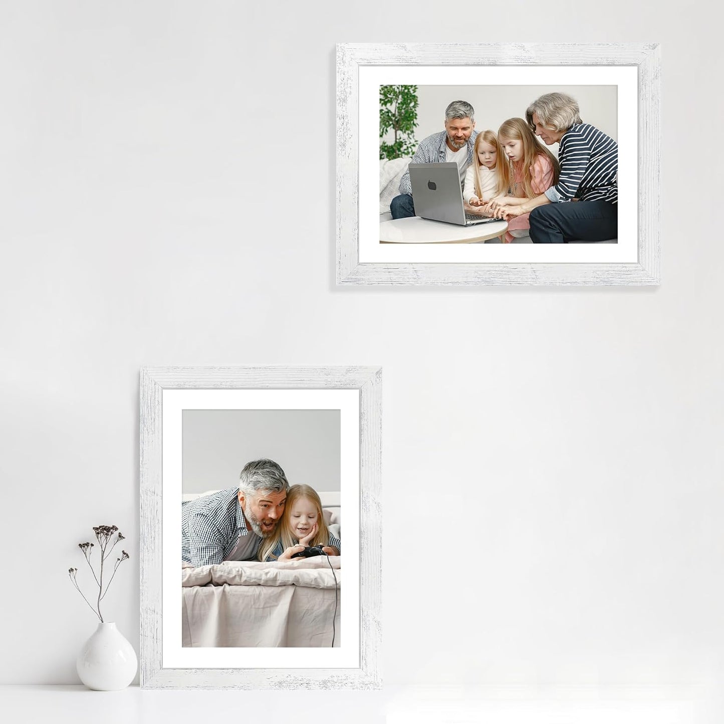 10x14 Picture Frame Set of 4 with Tempered Glass, Distressed White Frame Display 8x12 Picture with Mat or 10 x 14 Without Mat, Wood Rustic Photo Frames for Horizontal or Vertical Wall Mounting