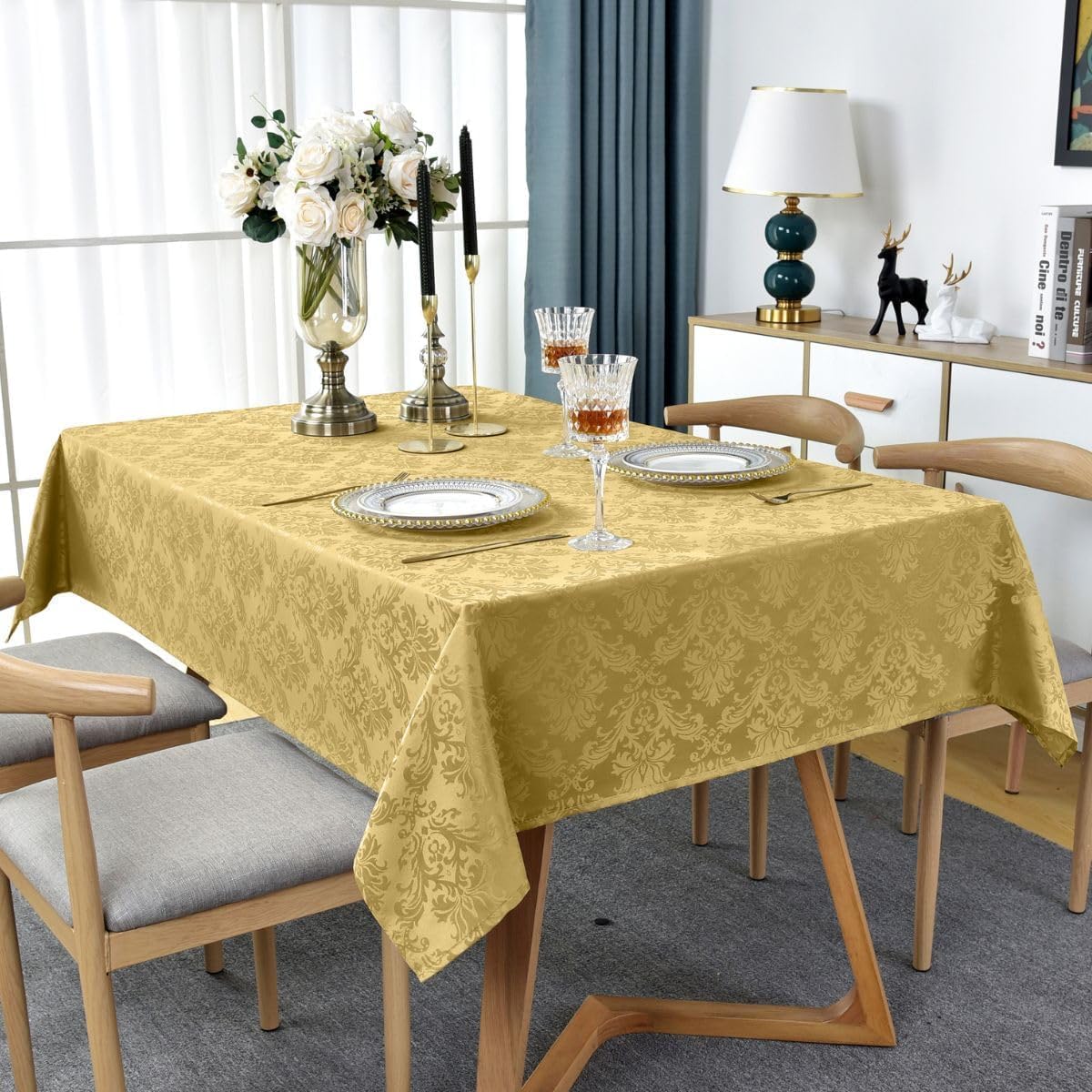 SASTYBALE Rectangle Jacquard Tablecloth - 60 x 102 Inch Spill Proof Wrinkle Resistant Damask Table Cloth, Soft Polyester Oblong Table Cover for Kitchen Parties Farmhouse, Gold