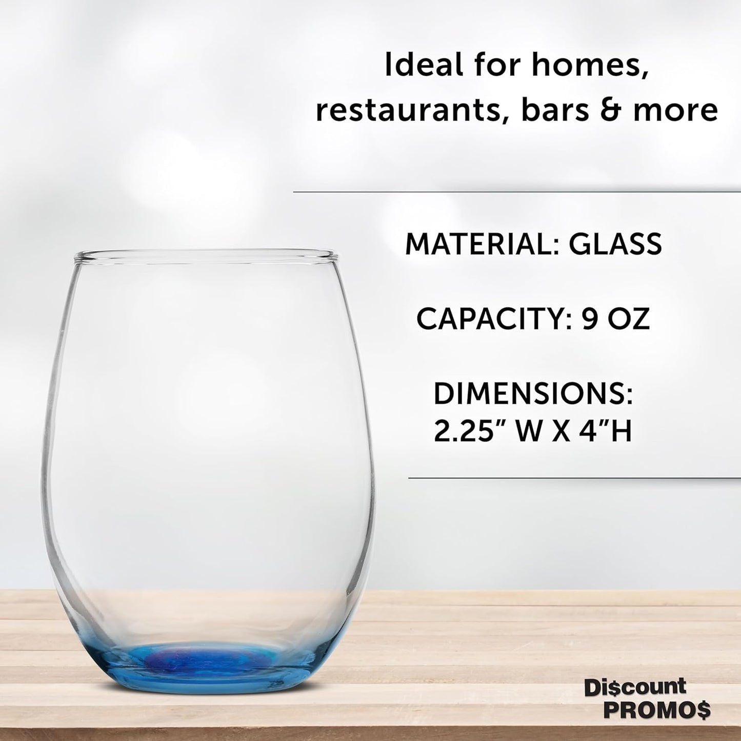 DISCOUNT PROMOS Stemless Wine Glass 9 oz. Set of 10, Bulk Pack - Great for Wedding Favors, Bachelorette Party and More - Blue Bottom Color