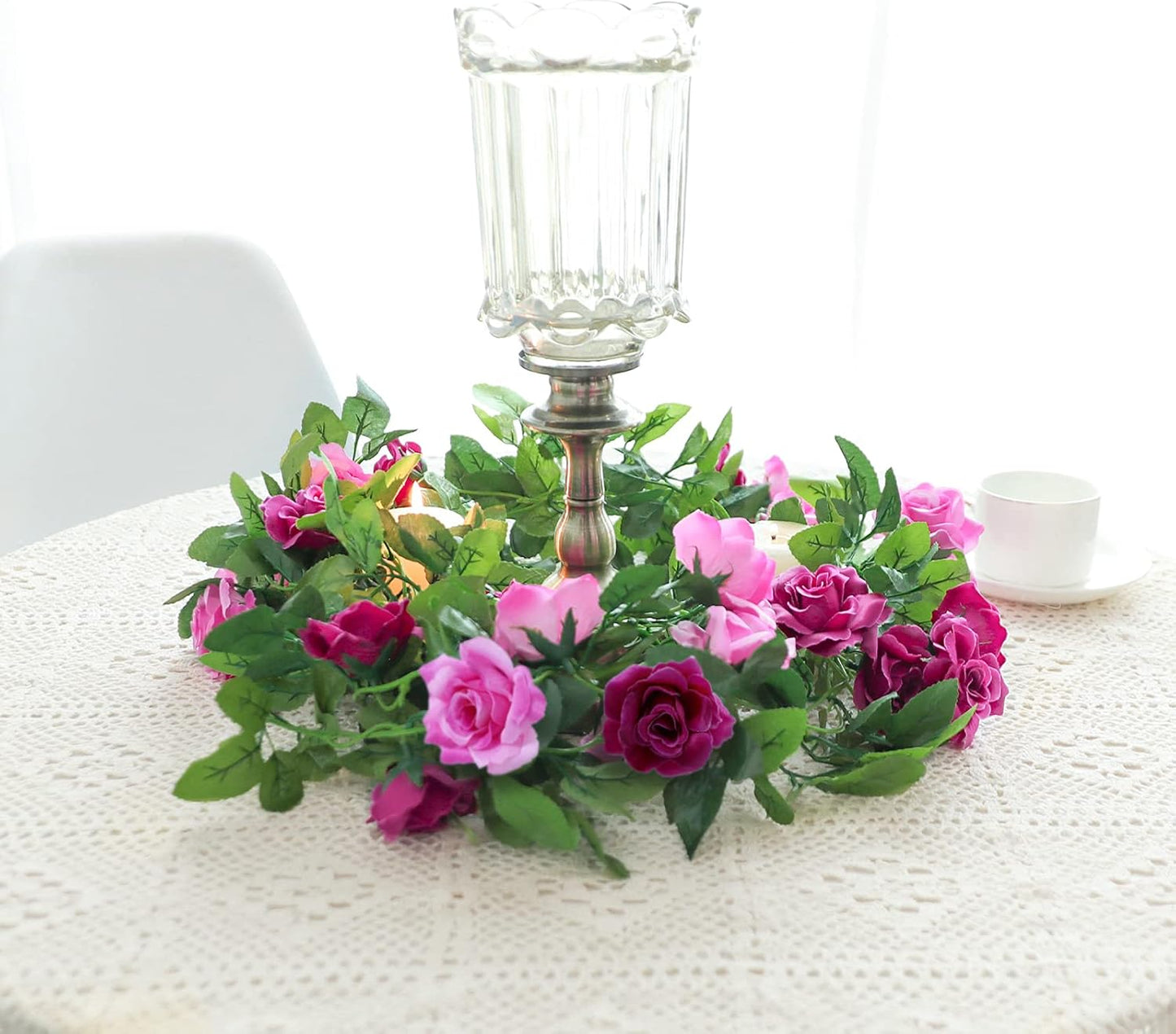 Floweroyal 2 Pack Artificial Flower Garlands 15.8FT Fake Rose Vines Silk Flowers Hanging Rose Ivy for Wedding Arch Party Home Garden Wall Decor (Fuchsia)