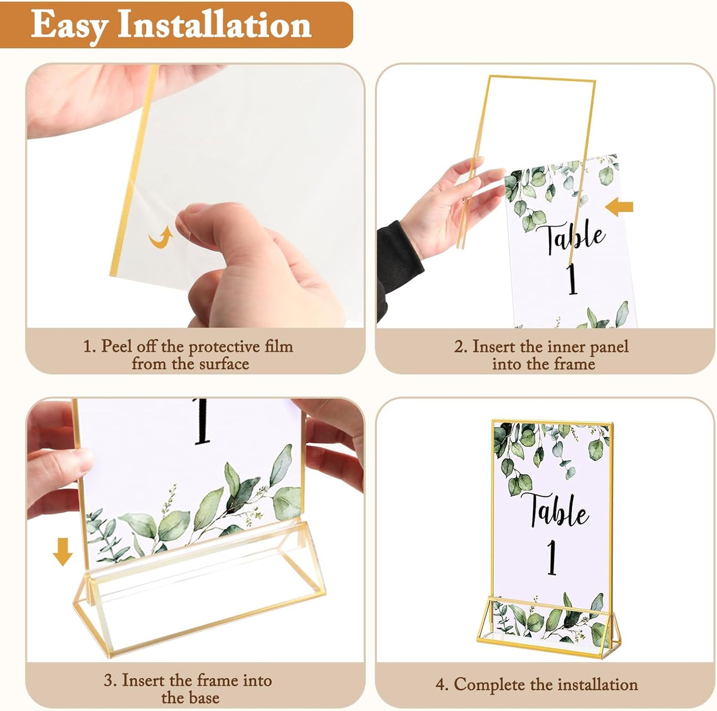 Floroom 6 Pack 4x6 Inch Clear Acrylic Sign Holders, Double-Sided Gold Display Stand Picture Frames for Table Numbers, Menus, Flyers, Weddings, and Offices