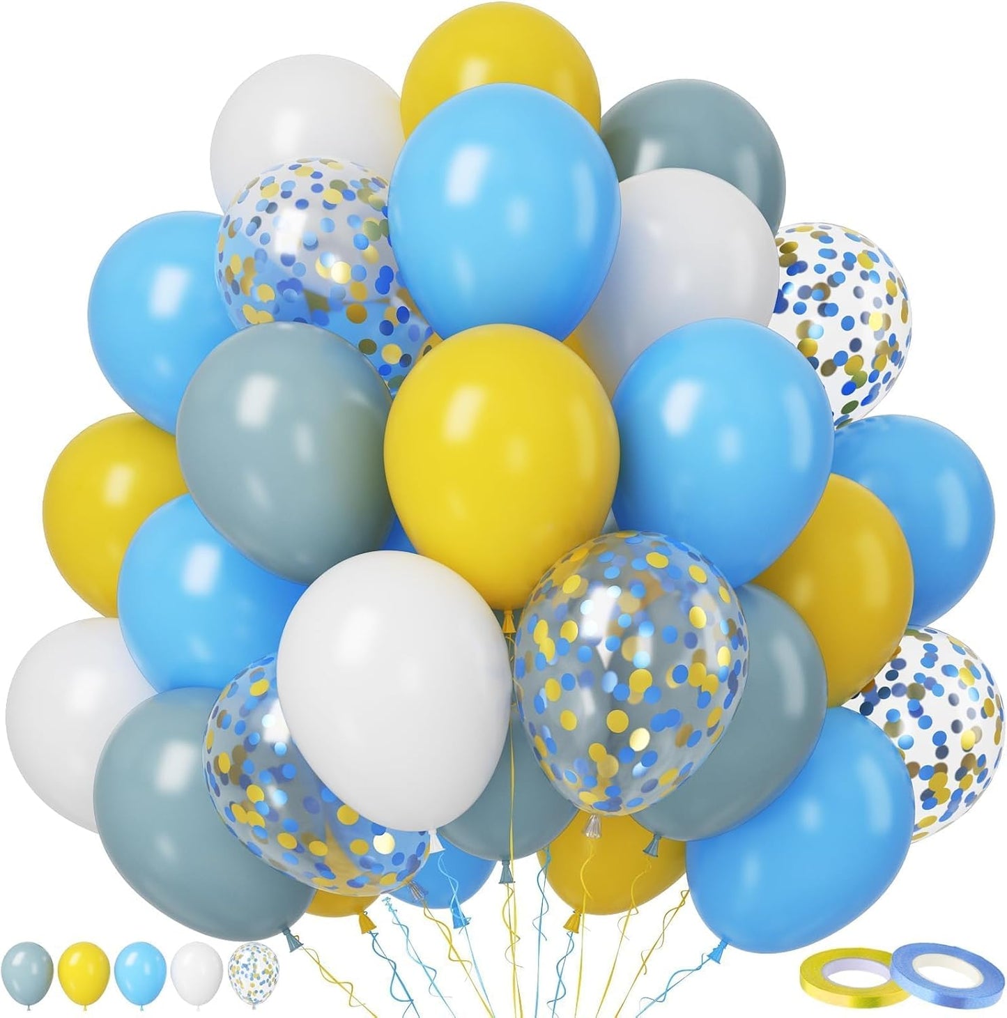 Paready 50pc Blue & Yellow Balloons - 12in Dusty Blue, White & Yellow Latex Balloons with Confetti for Boys Birthday, Baby Shower, Anniversary & Wedding