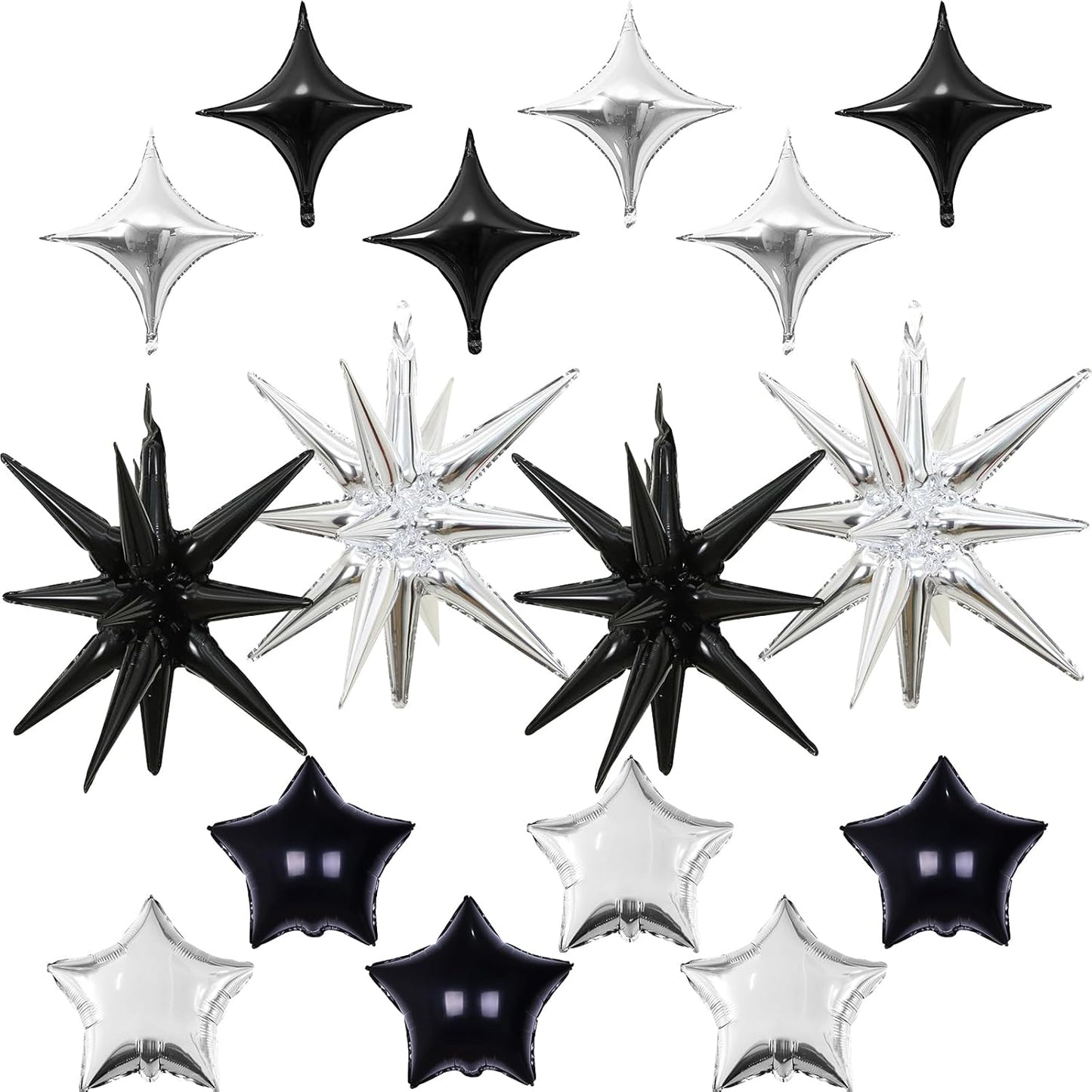 Black and Silver Star Balloons, 22in Large Star Balloons Foil 10in 4-Pointed & Pentagram Balloon for New Year Graduation Wedding Engagement Birthday Party Decorations