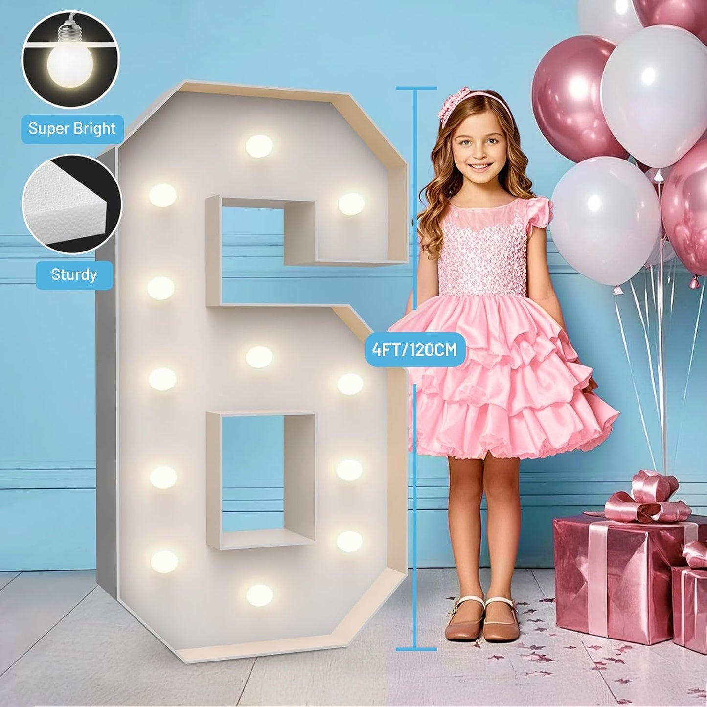 4FT Marquee Light Up Numbers 6,Party Decoration Large Marquee Light Up Letters with Weighted Water Bag,Pre-cut Foam Board Set Can Be Used for Birthdays,Weddings,Baby Anniversaries