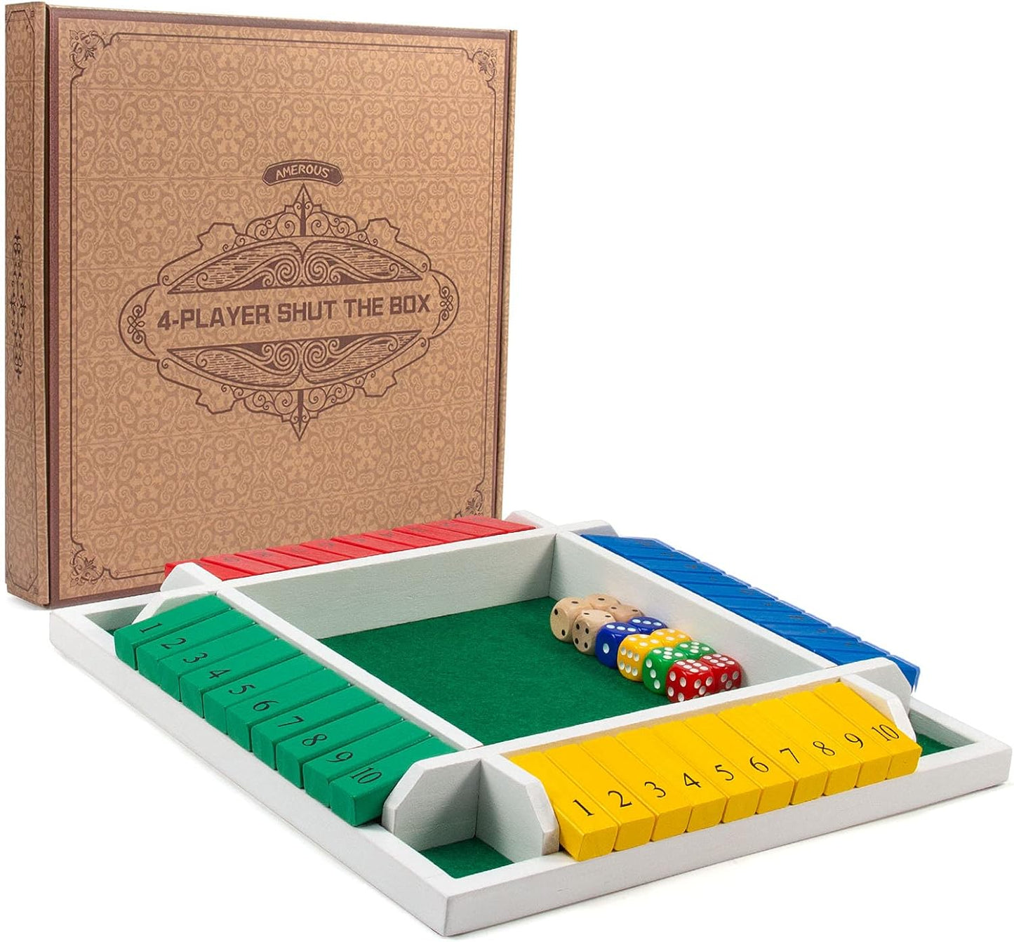 AMEROUS Shut The Box Dice Game-12 inches-Colorful Design-1-4 Players-12 Dice-Gift Package, Classic 4 Sided Wooden Board Game for Adults Kids, Classics Board Game