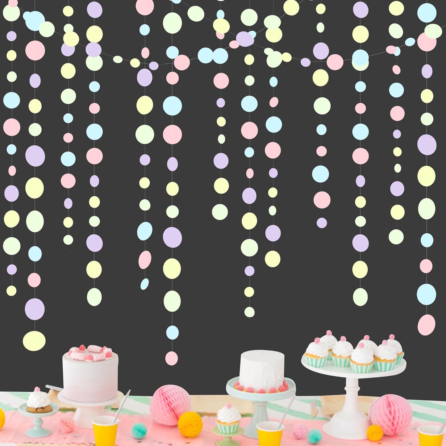 Pastel Party Decorations Blue Purple Pink Yellow Green Circle Dots Garland Hanging Paper Polka Dot Streamer for Birthday Baby Shower Wedding Bridal Shower Macaron Spring Easter Party Supplies