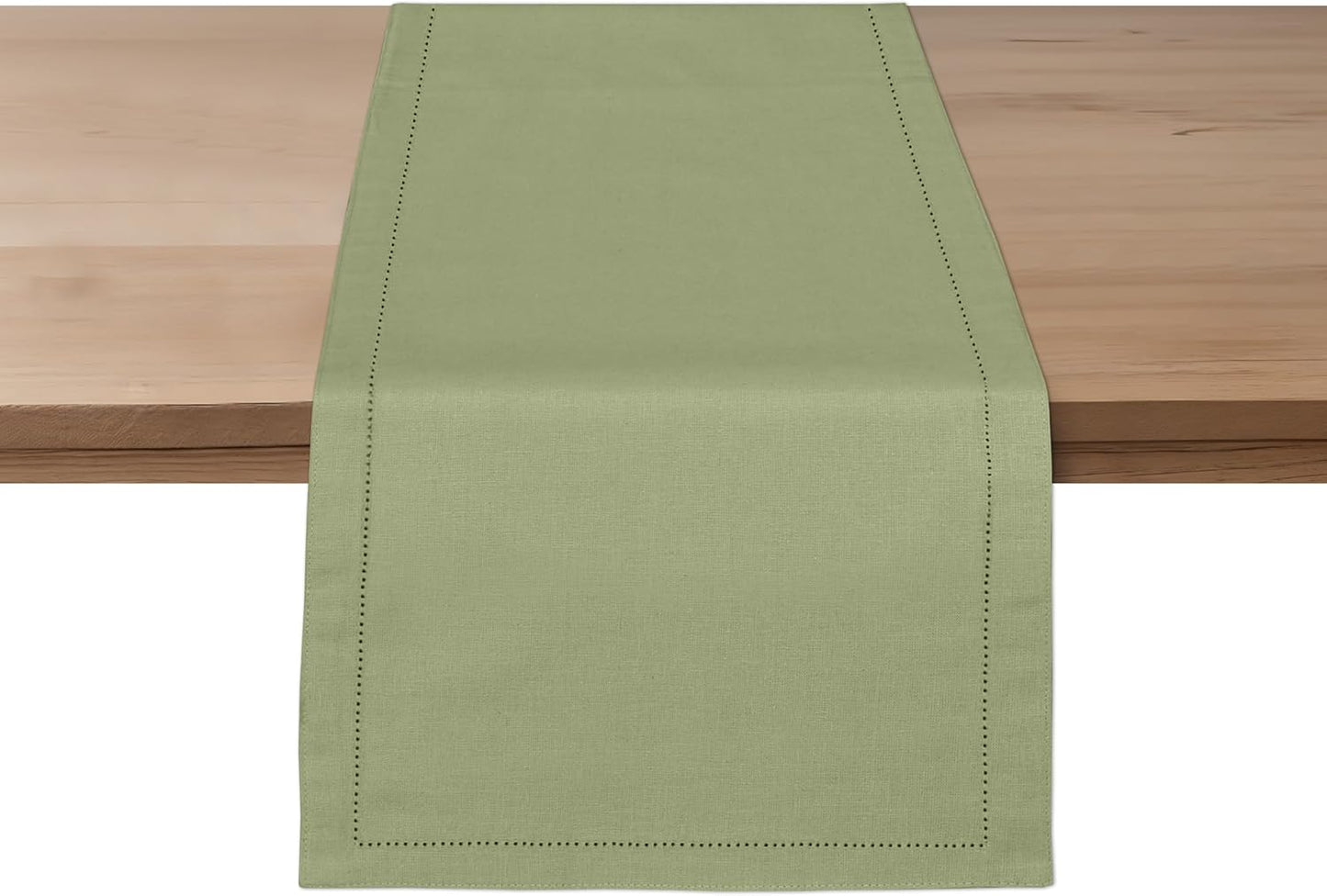 Ruvanti Linen Table Runner 108 Inches, Classic Hemstitch, Washable, Reusable, Non-Slipping, Stain Resistant- Perfect for Parties, Weddings, Dinners, Thanksgiving, Christmas, Indoor use – Olive