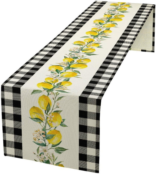 Lemon Table Runner,Black Buffalo Plaid Lemon Table Runner Farmhouse Style Spring Summer Home Kitchen Dinding Room Table Decoration 13x36 Inch