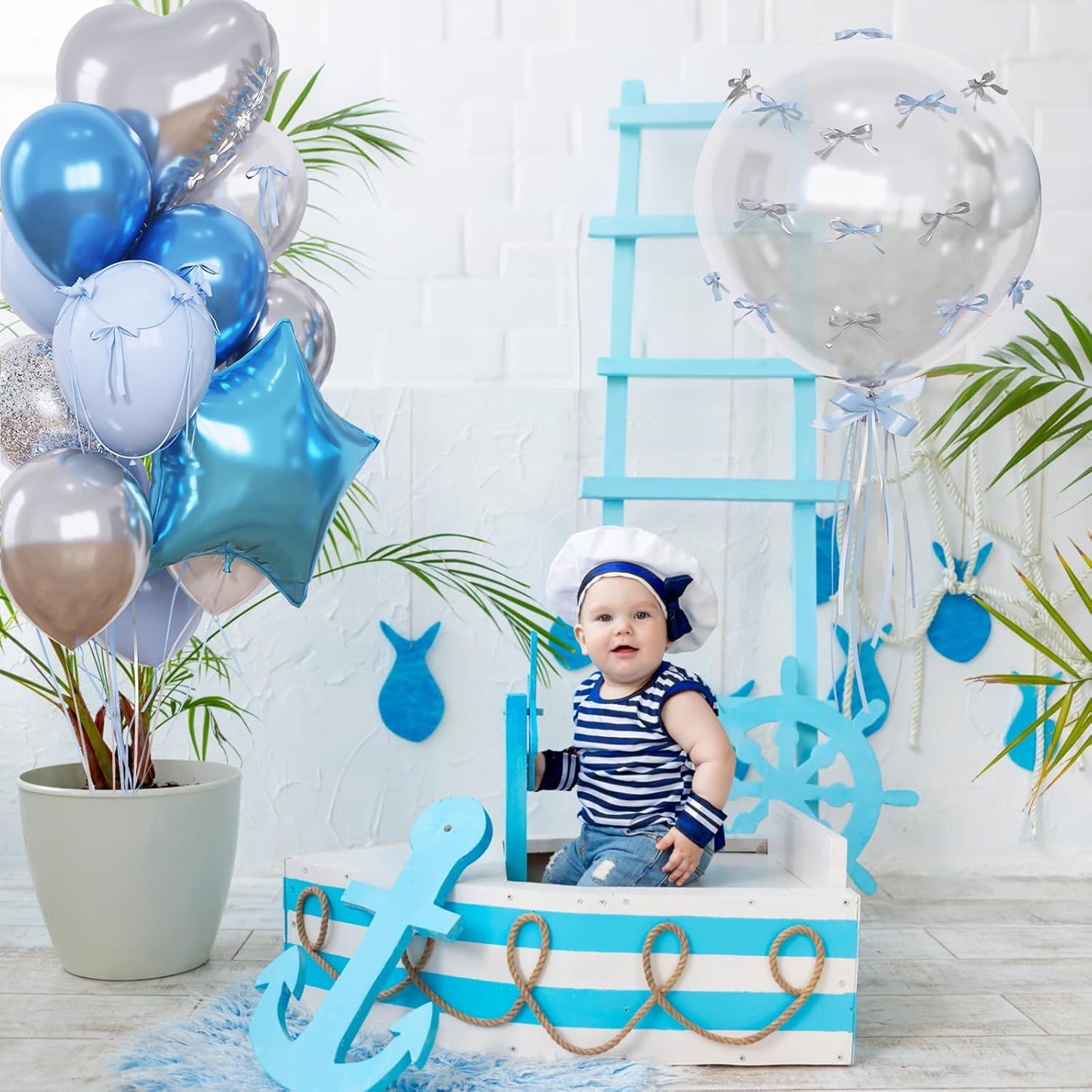 Blue and Silver Balloons Heart Star Mylar Balloons, Happy Birthday Decorations for Men Women, Metallic Light Baby Blue Silver Balloon 18 in Clear Confetti Heart Star Shape Foil Balloon as Party Decor