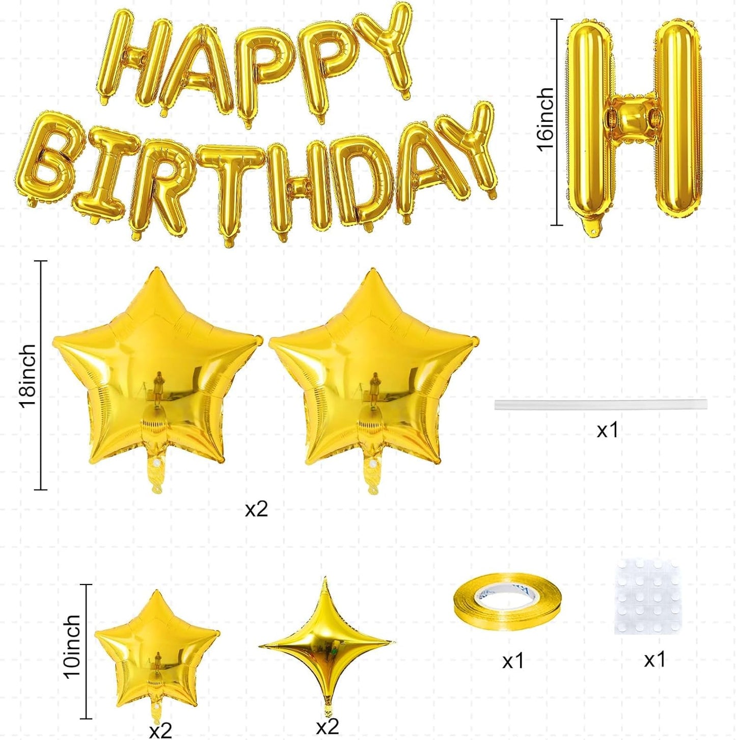 Gold Happy Birthday Balloon Banner, 16 Inch Mylar Foil Letter Balloons, Reusable Birthday Decorations with Gold Star Foil Balloons, Inflatable Party Supplies for Men Women Boys Girls Decorations