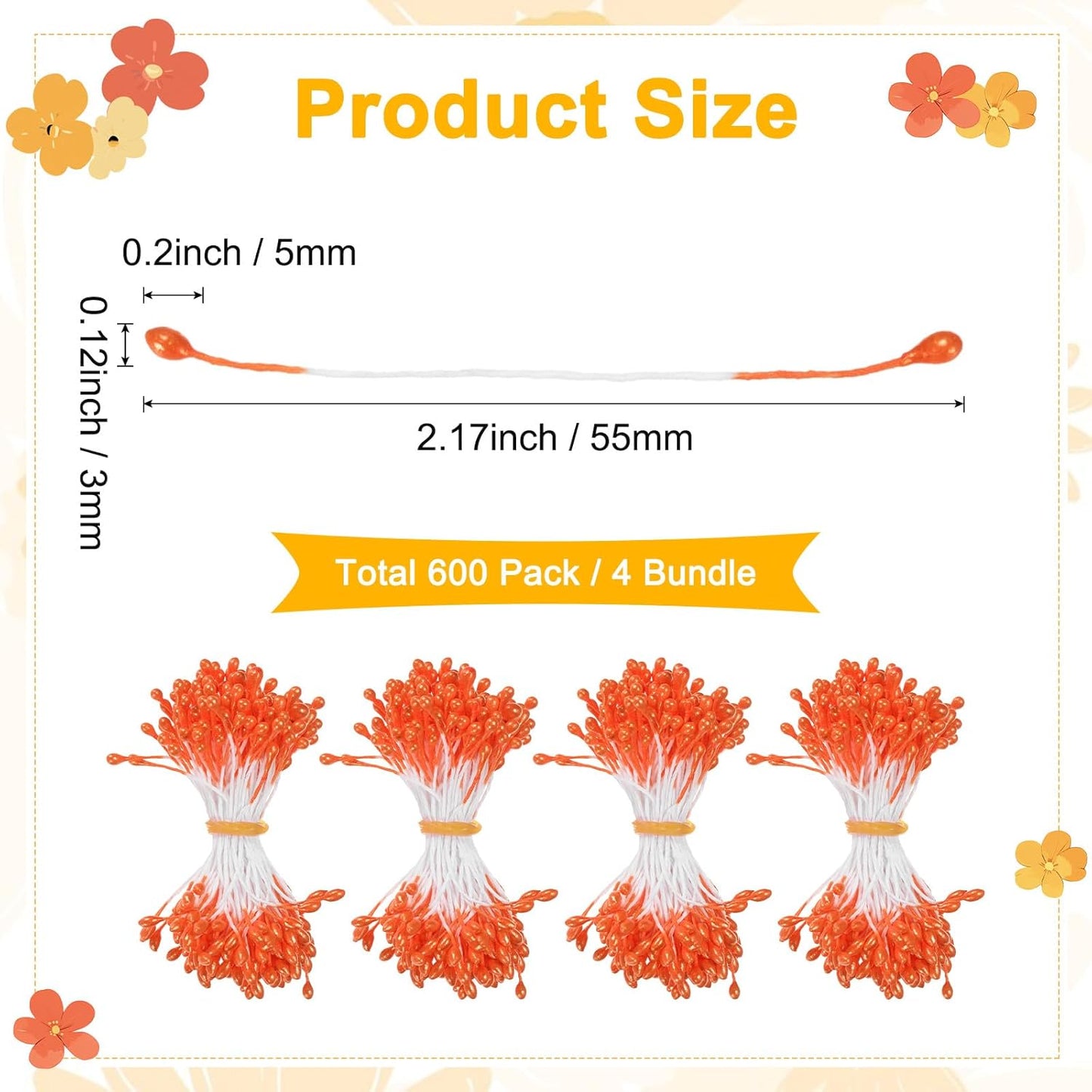 600-Pack Flower Stamens for Crafts, 5mm Double Heads Artificial Pearl Floral Pistil Mini Flower Pollens Stamens for DIY Making/Wedding/Scrapbook Decoration [Orange]